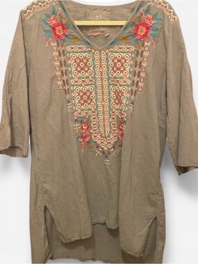 Johnny Was Embroidered V-Neck Tunic Shirt - Taupe with Coral Accents